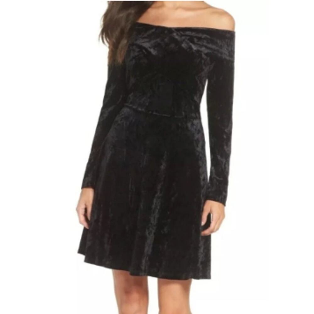 Chelsea28 Dress Women XL Black Crushed Velvet Off Shoulder Fit & Flare Holiday